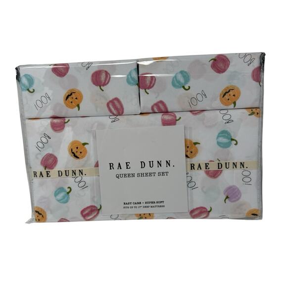 Rae Dunn By Enchante Pastel Halloween Pumpkins Queen Size Bed Sheets Set NEW - Picture 2 of 6